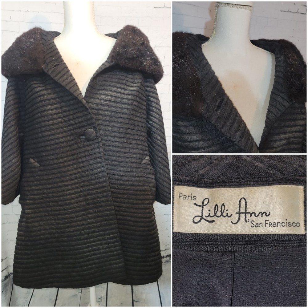 Vintage 1960s Lilli Ann San Francisco Tisse a Paris Black Wool & Fur Swing Coat